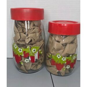 Vintage Carlton Glass Canister Jars Set 2 with Red Lids Strawberry Collectible